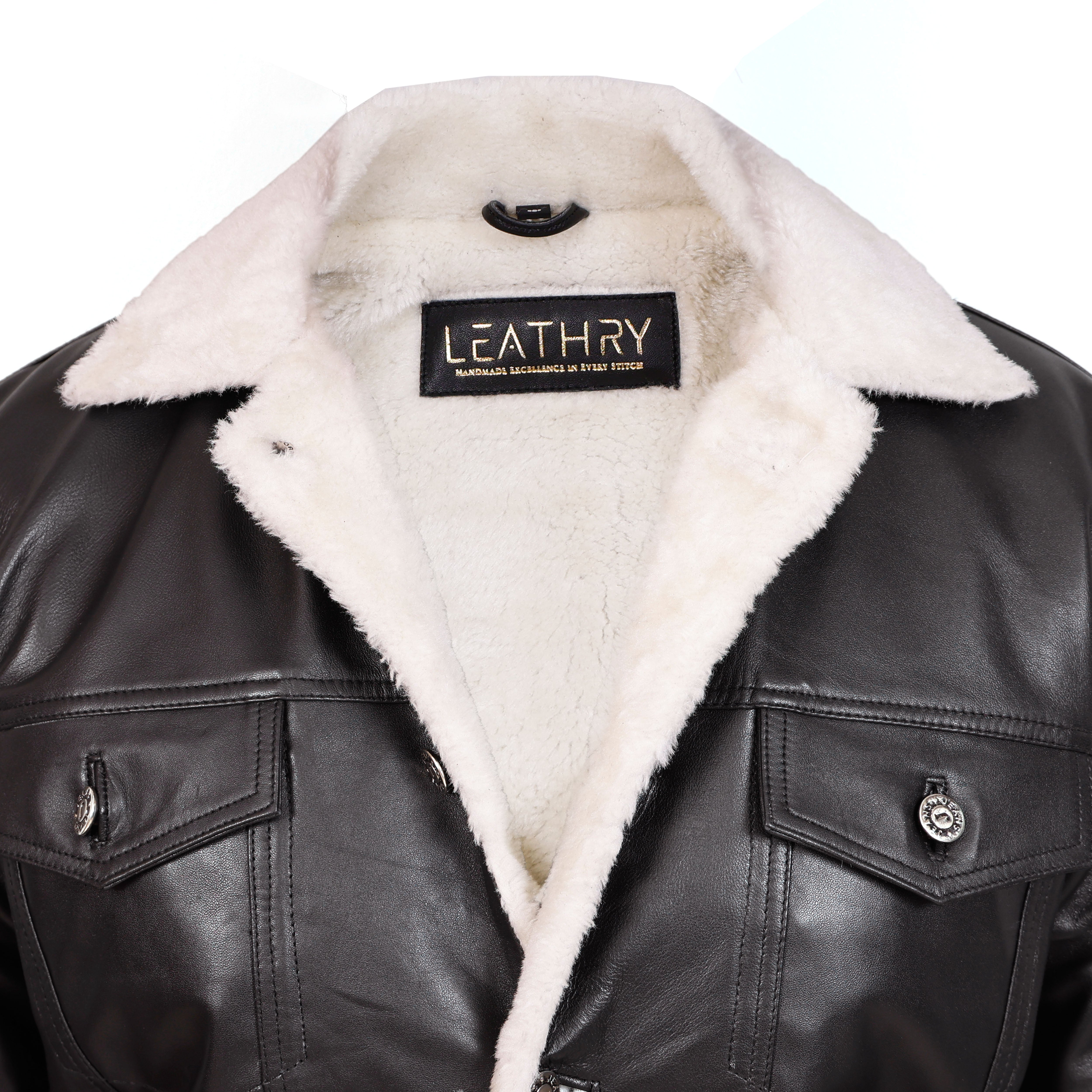 Black leather jacket with white fur collar and Leathry logo on a white background