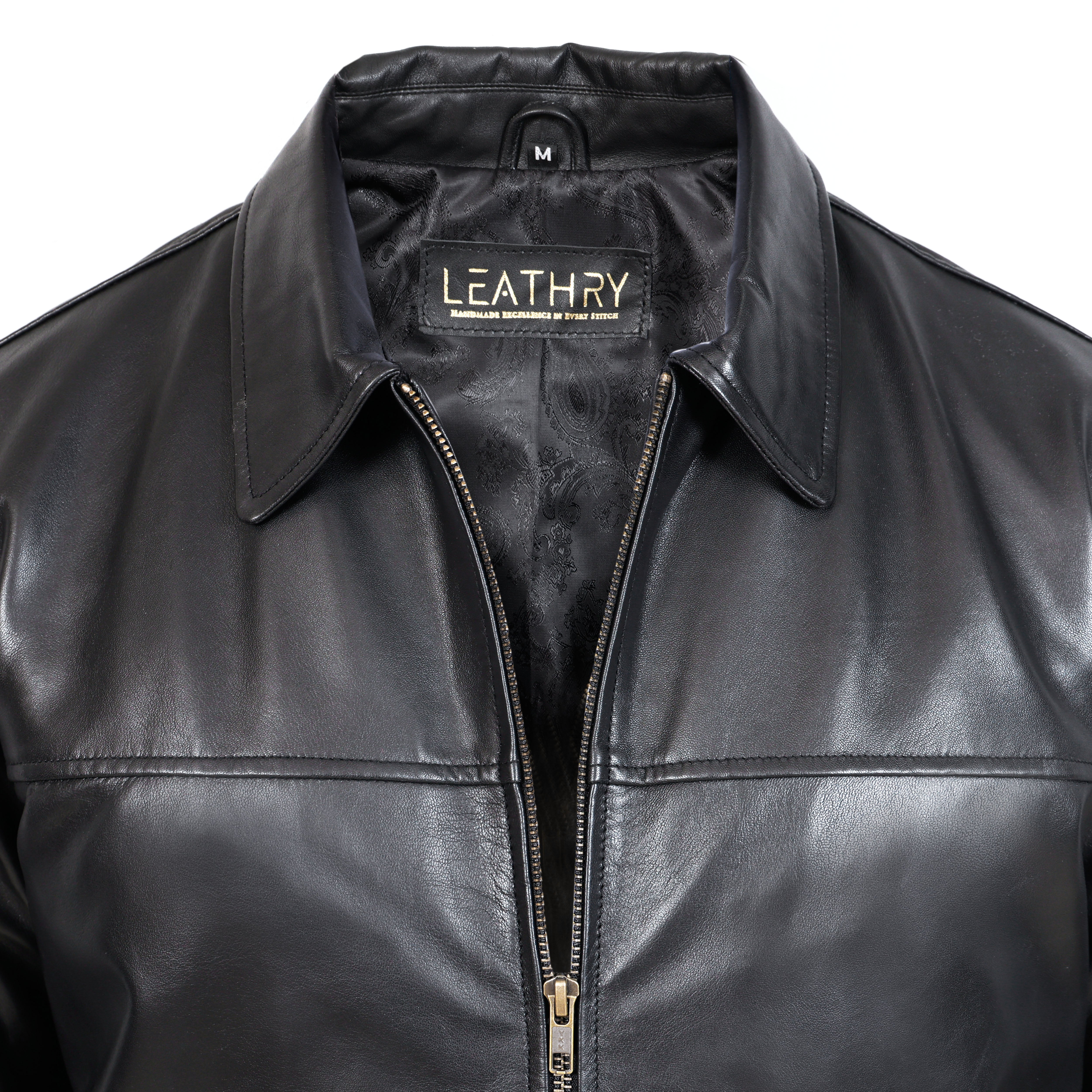 Black leather jacket with 'Leathry' branding on a white background