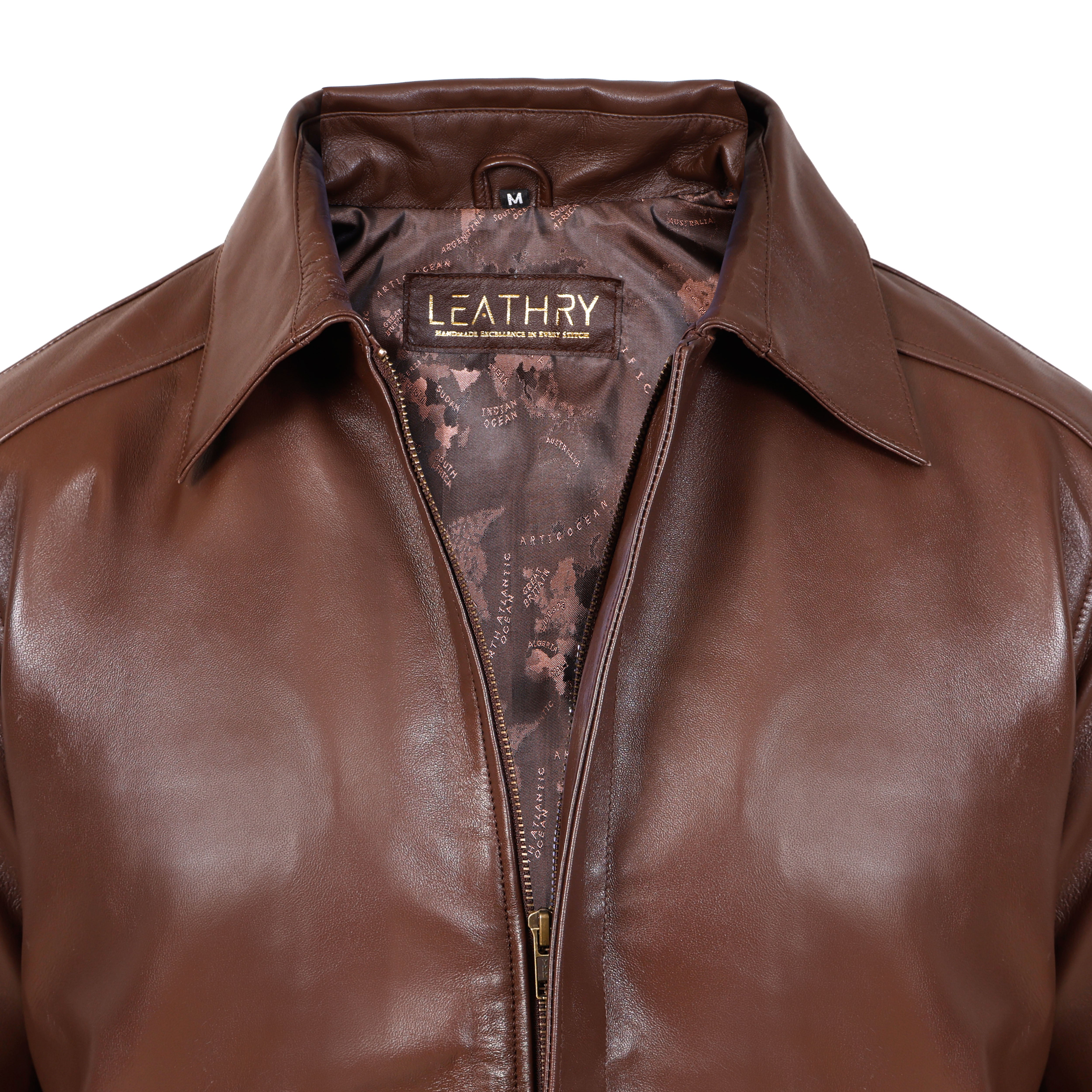Brown leather jacket with 'Leathry' brand label on a white background