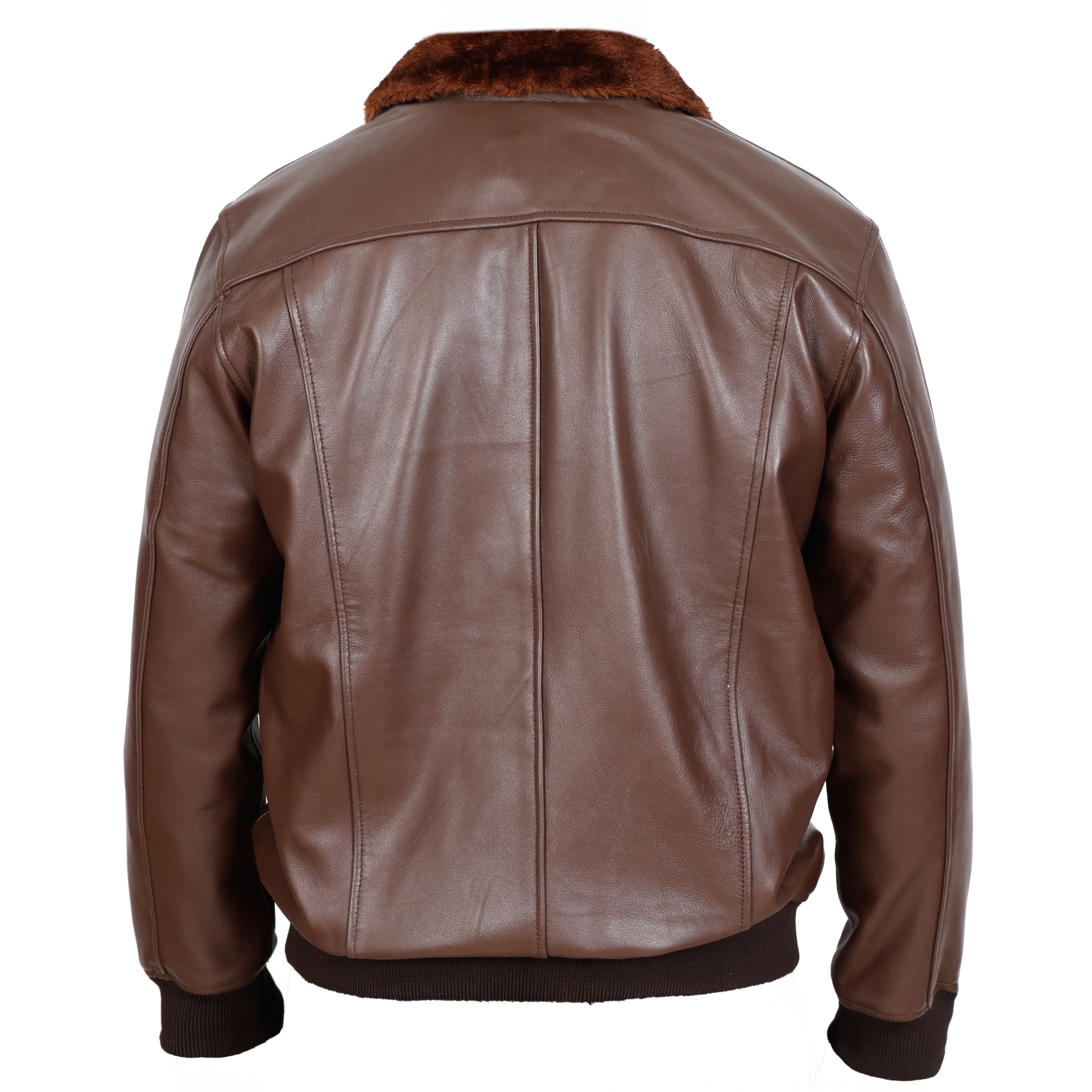 Brown leather jacket with fur collar on a white background