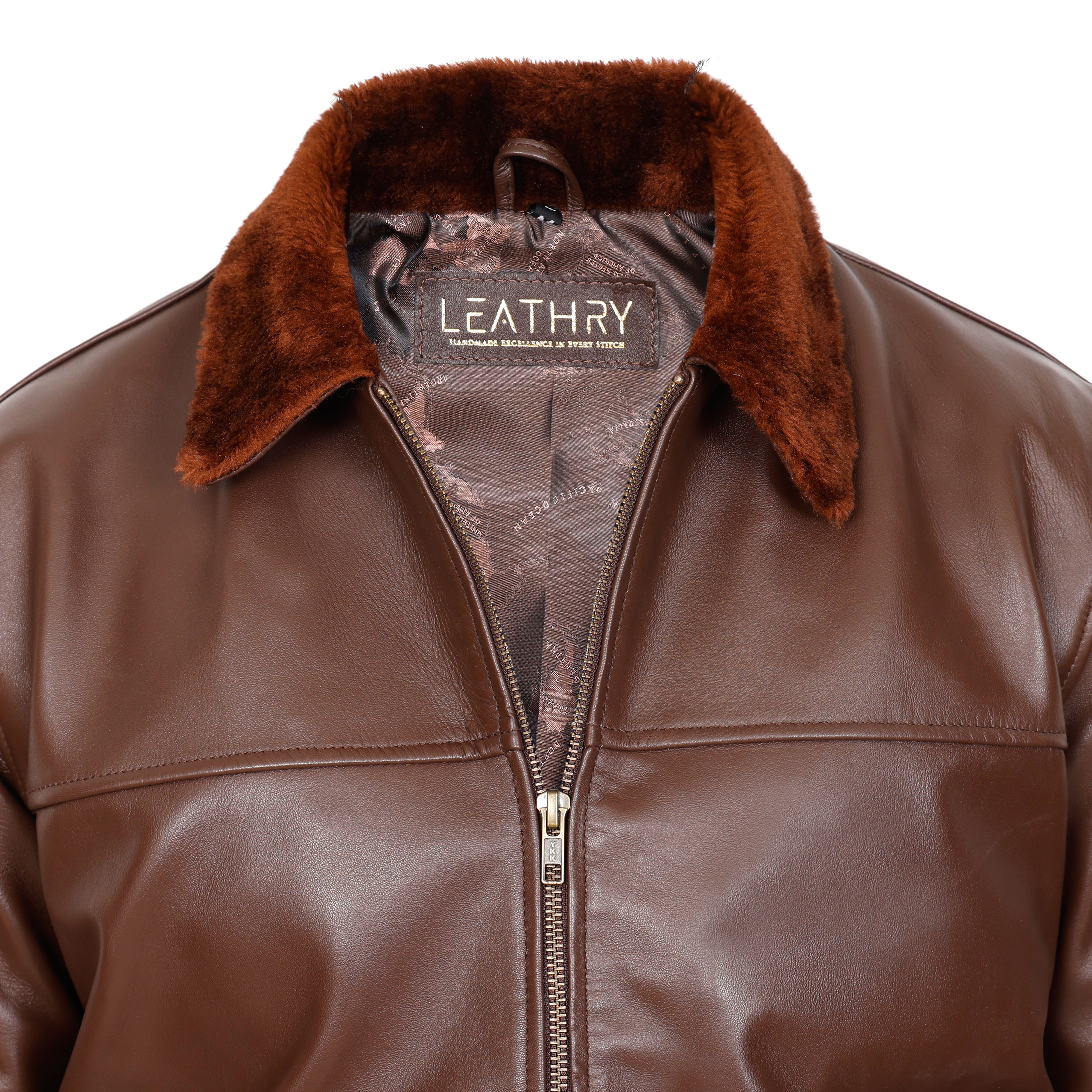 Brown leather jacket with fur collar and Leathry label on a white background