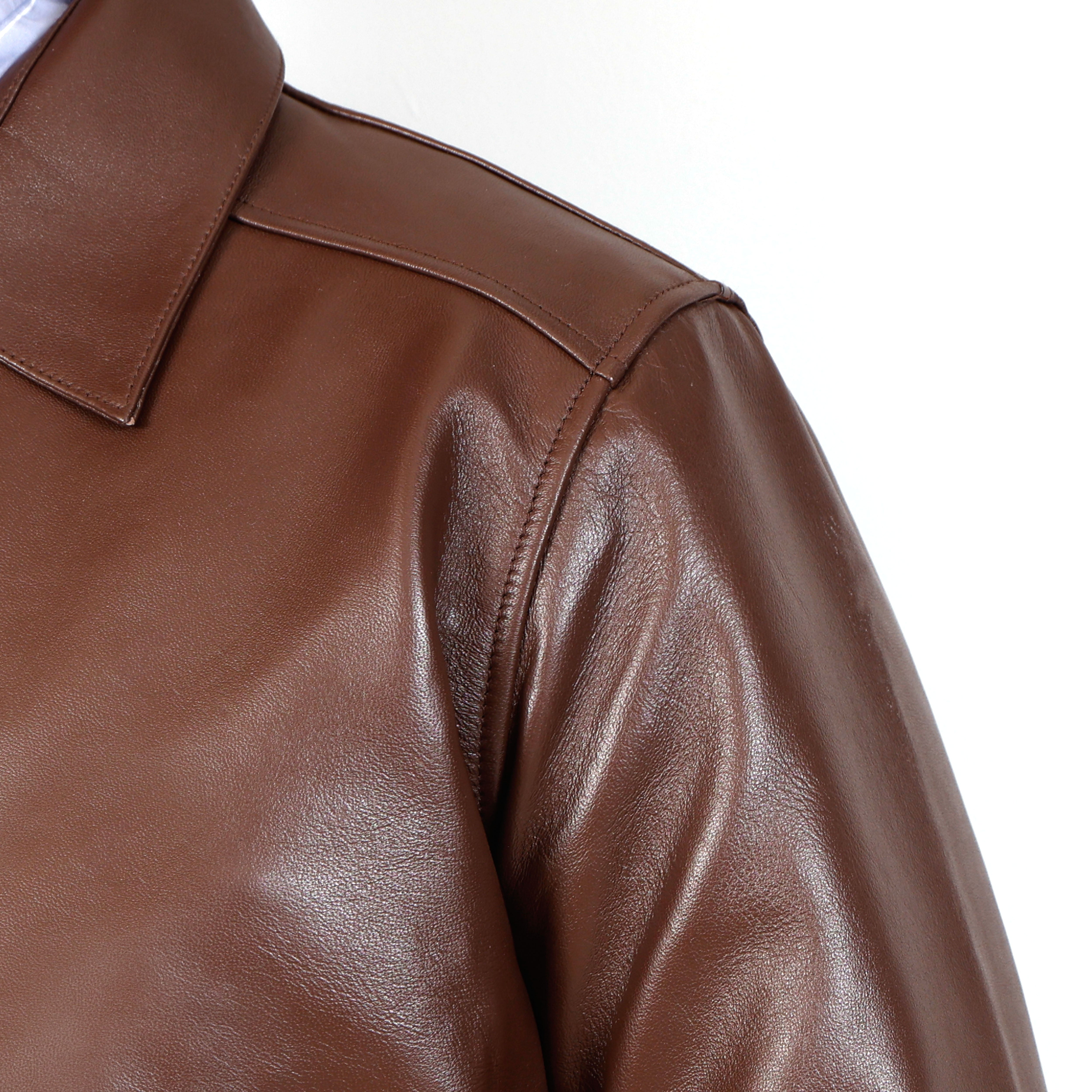 Close-up of a brown leather jacket on a white background