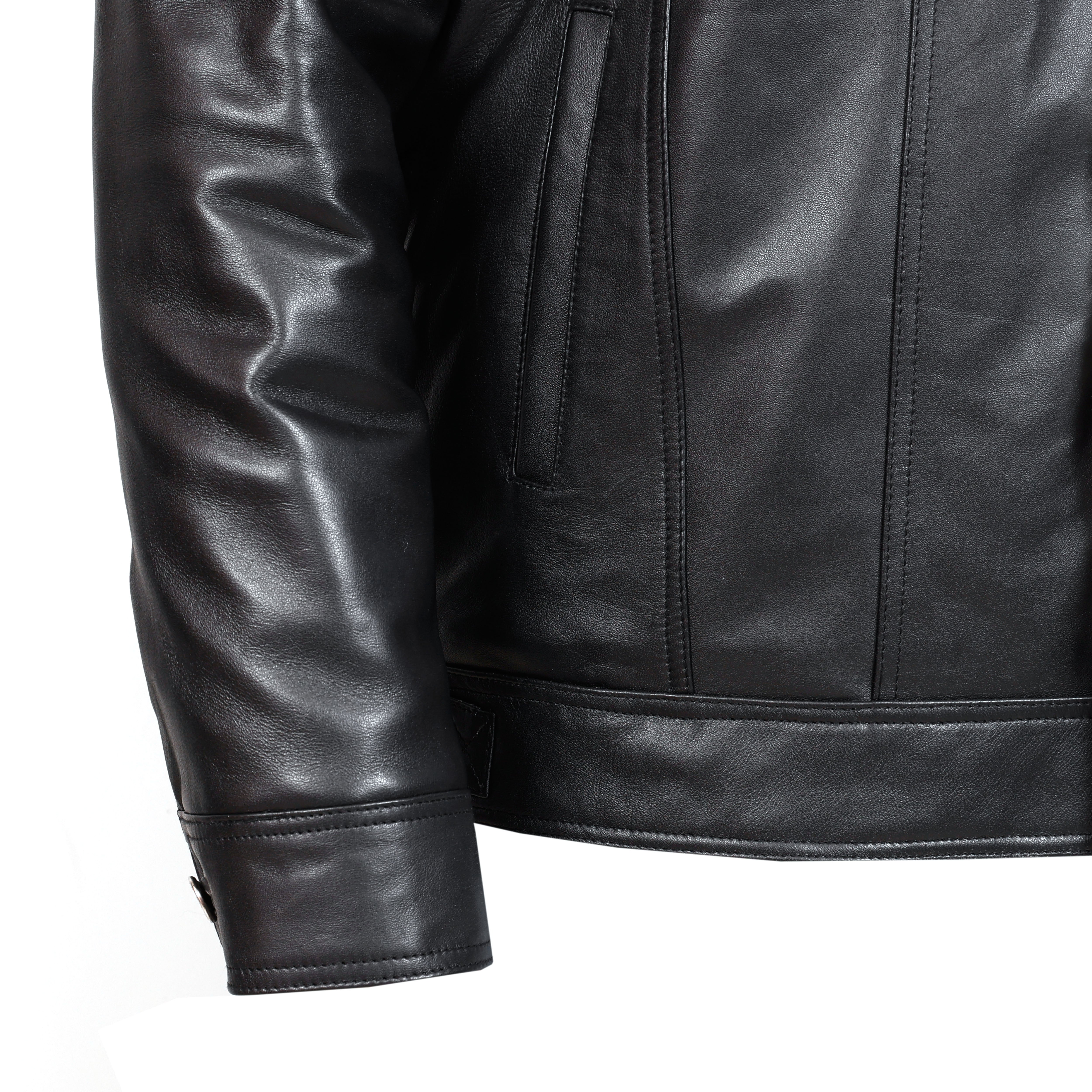 Close-up of a black leather jacket on a white background