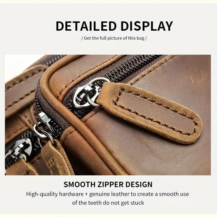 Close-up of a brown leather bag with a smooth zipper design on a white background.