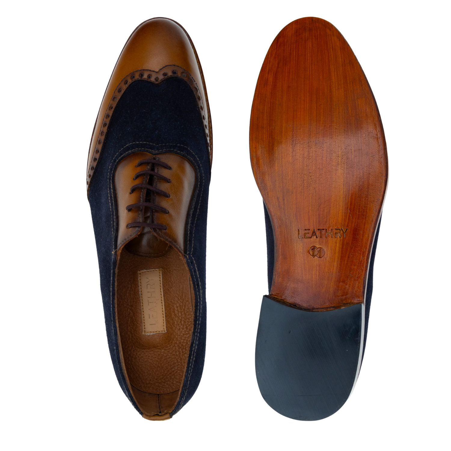 Navy and brown leather shoe with wooden sole on a white background