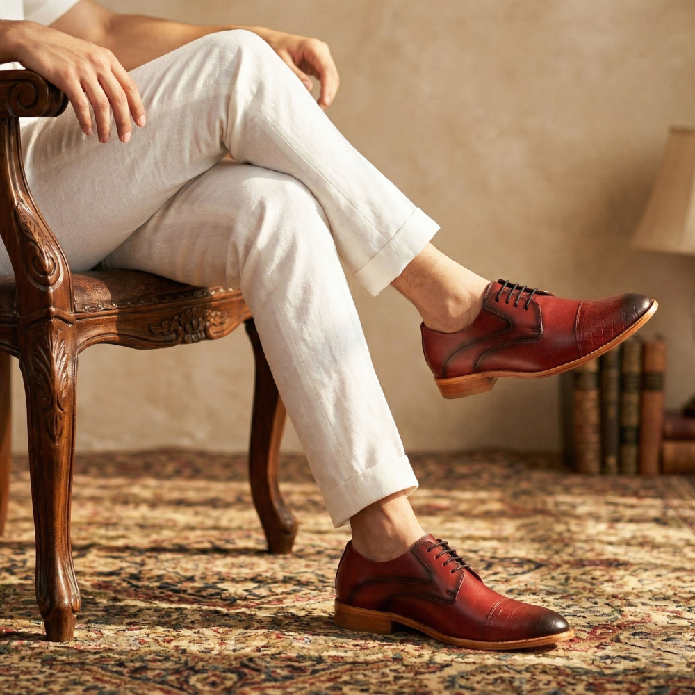 Person wearing red leather shoes and white pants sitting on a wooden chair.