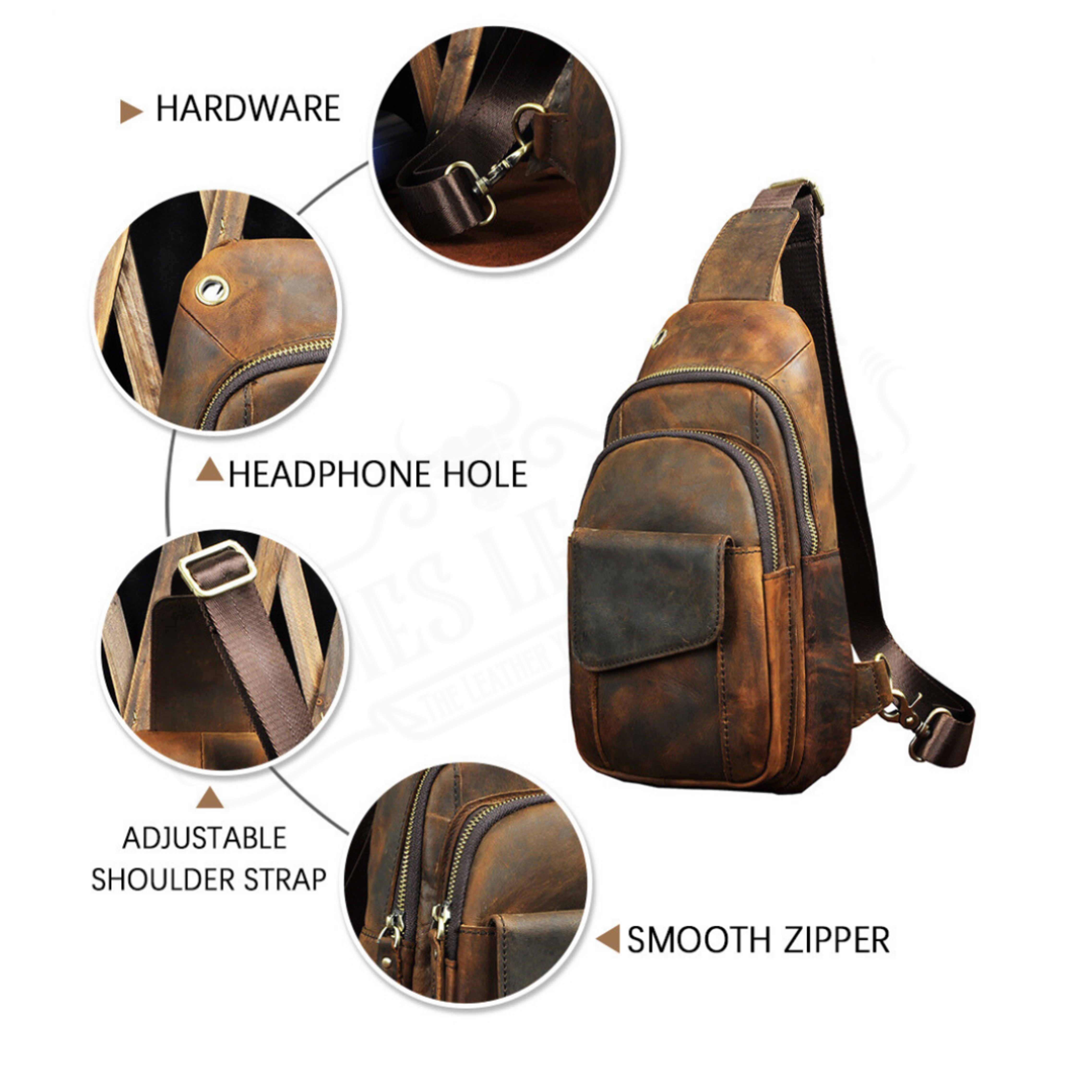 Brown leather sling bag with labeled features on a white background