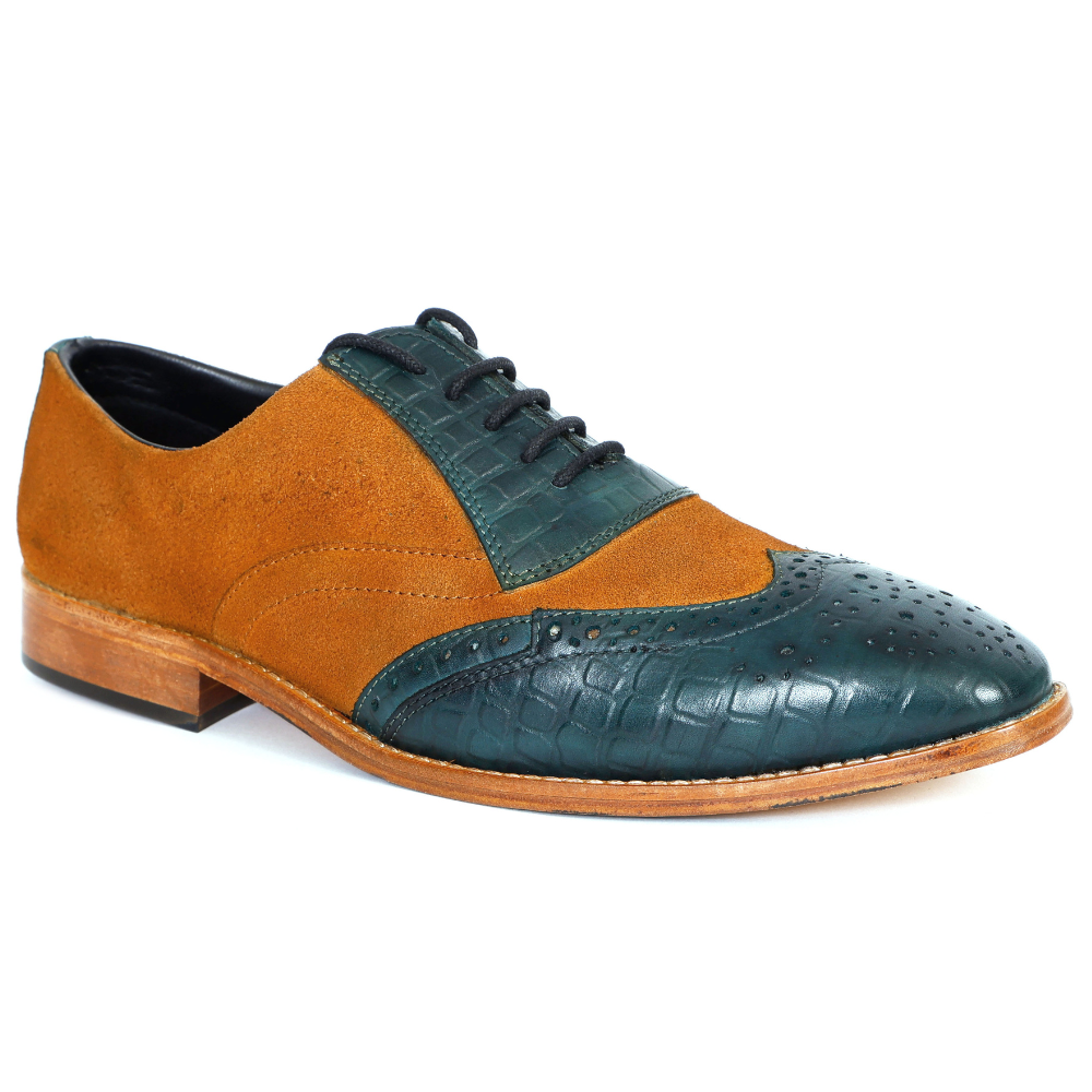 Brown and green dress shoe on a white background