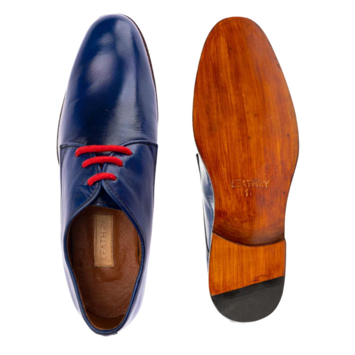 Blue leather shoe with red laces and wooden sole on a white background