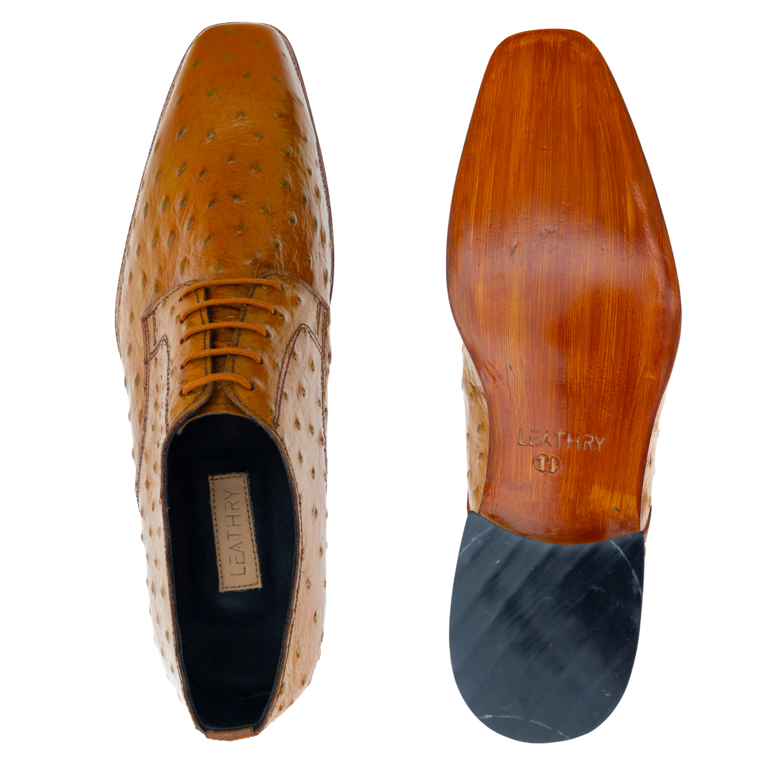 Brown leather shoe with wooden sole on a white background