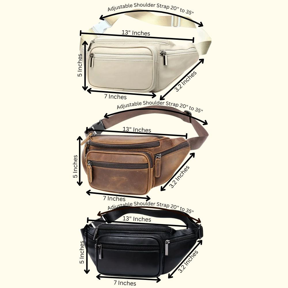 Three waist bags in beige, brown, and black with measurements on a white background