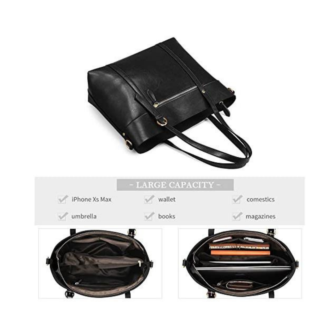 Black handbag with large capacity features on a white background