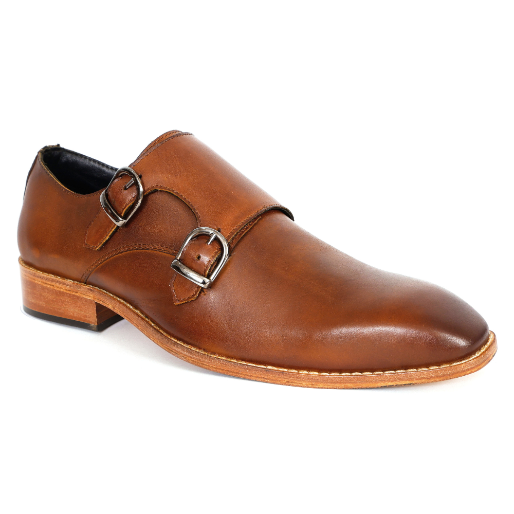 Brown leather shoe with a buckle on a white background