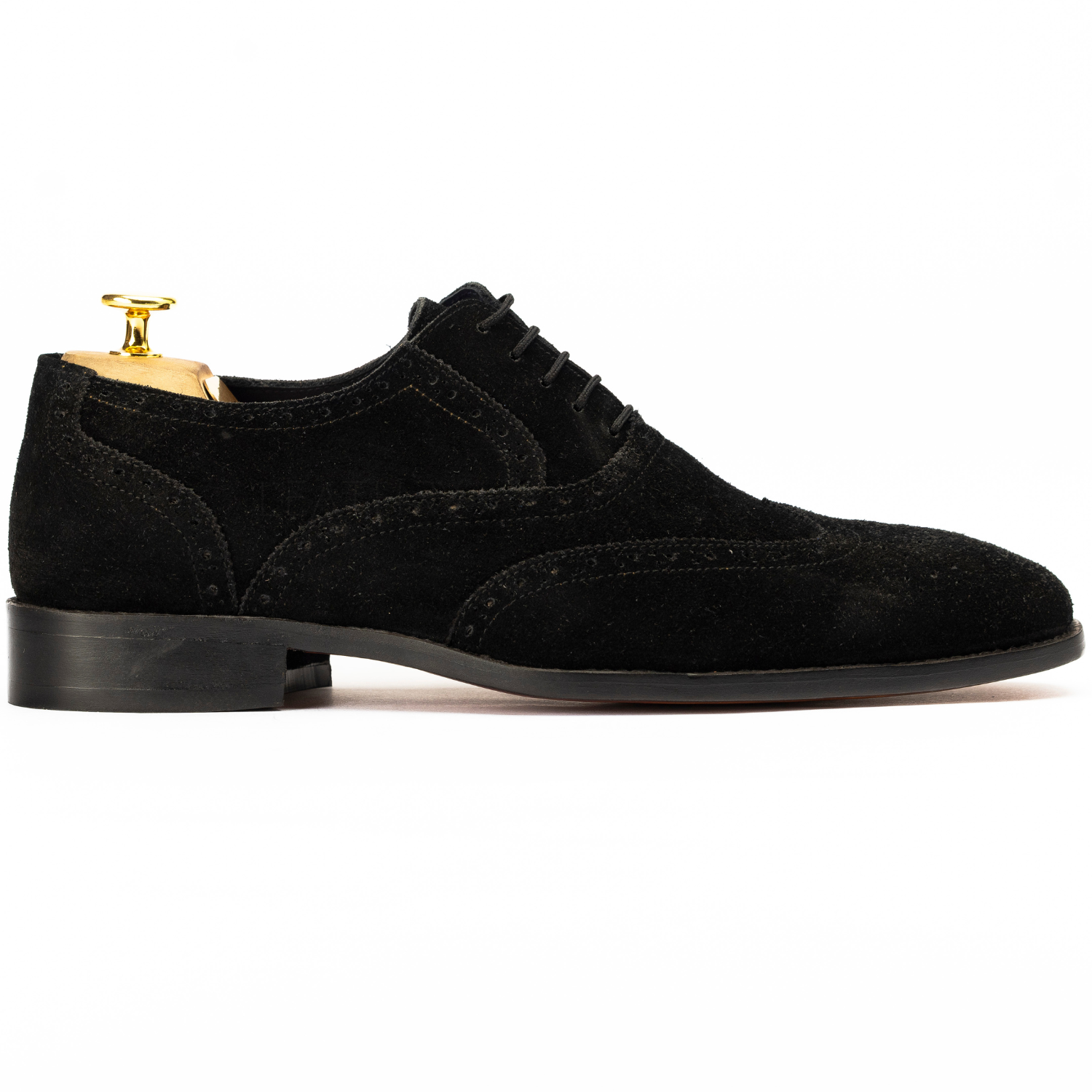 Black suede dress shoe on a white background