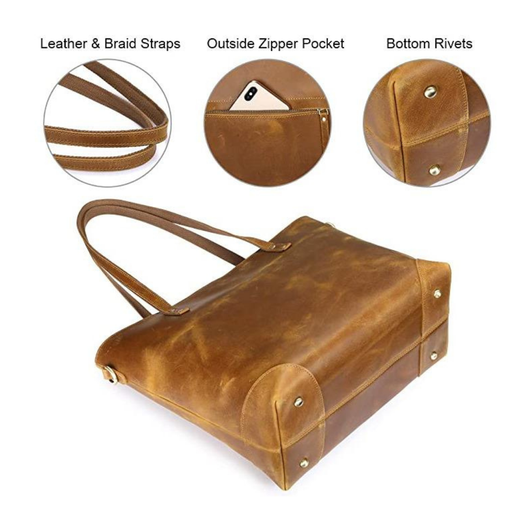 Brown leather bag with features highlighted on a white background