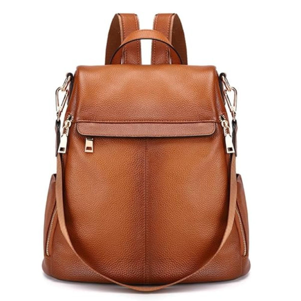 Brown leather backpack on a white background