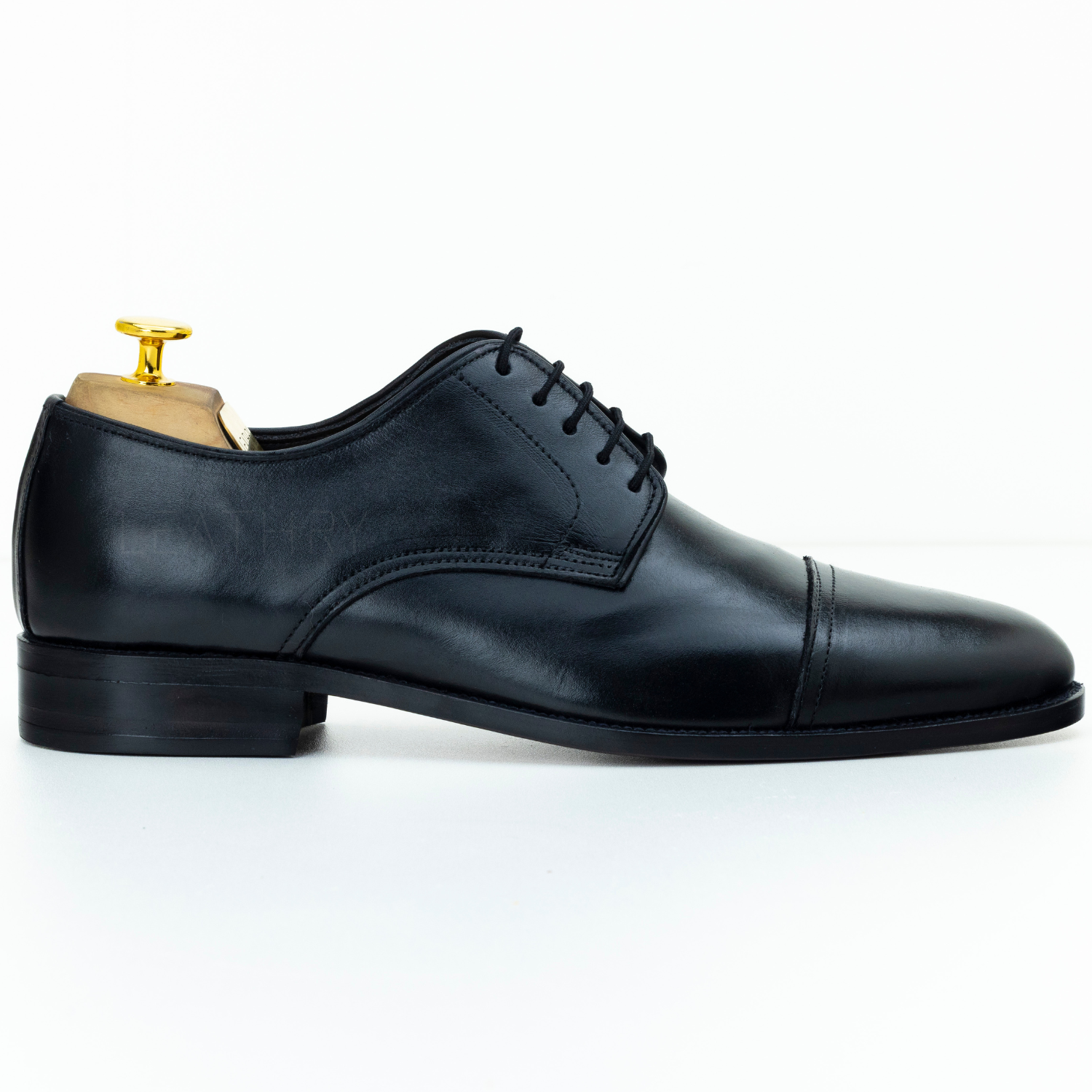 Black leather dress shoe on a white background