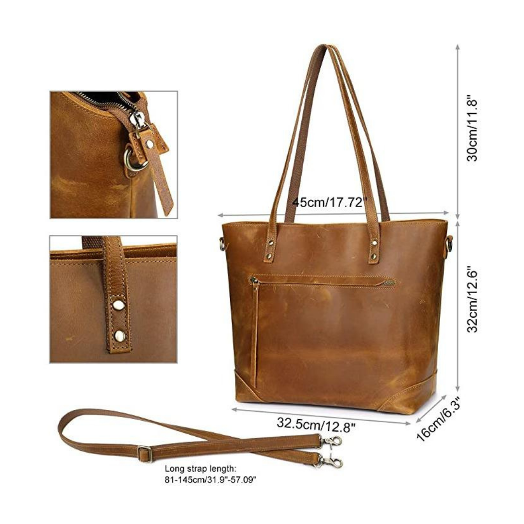 Brown leather tote bag with measurements on a white background