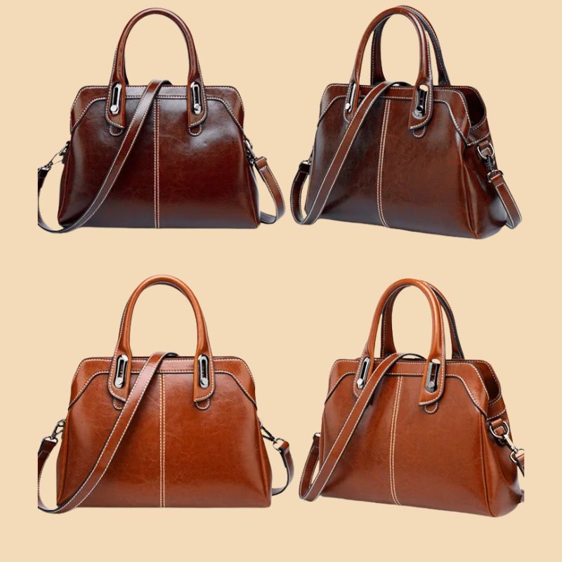 Four views of a brown leather handbag on a beige background