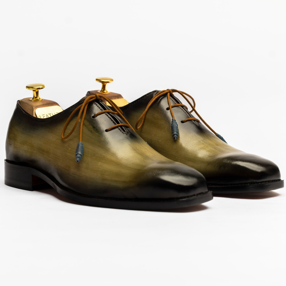 Pair of polished leather shoes with gold dress shoes on a white background
