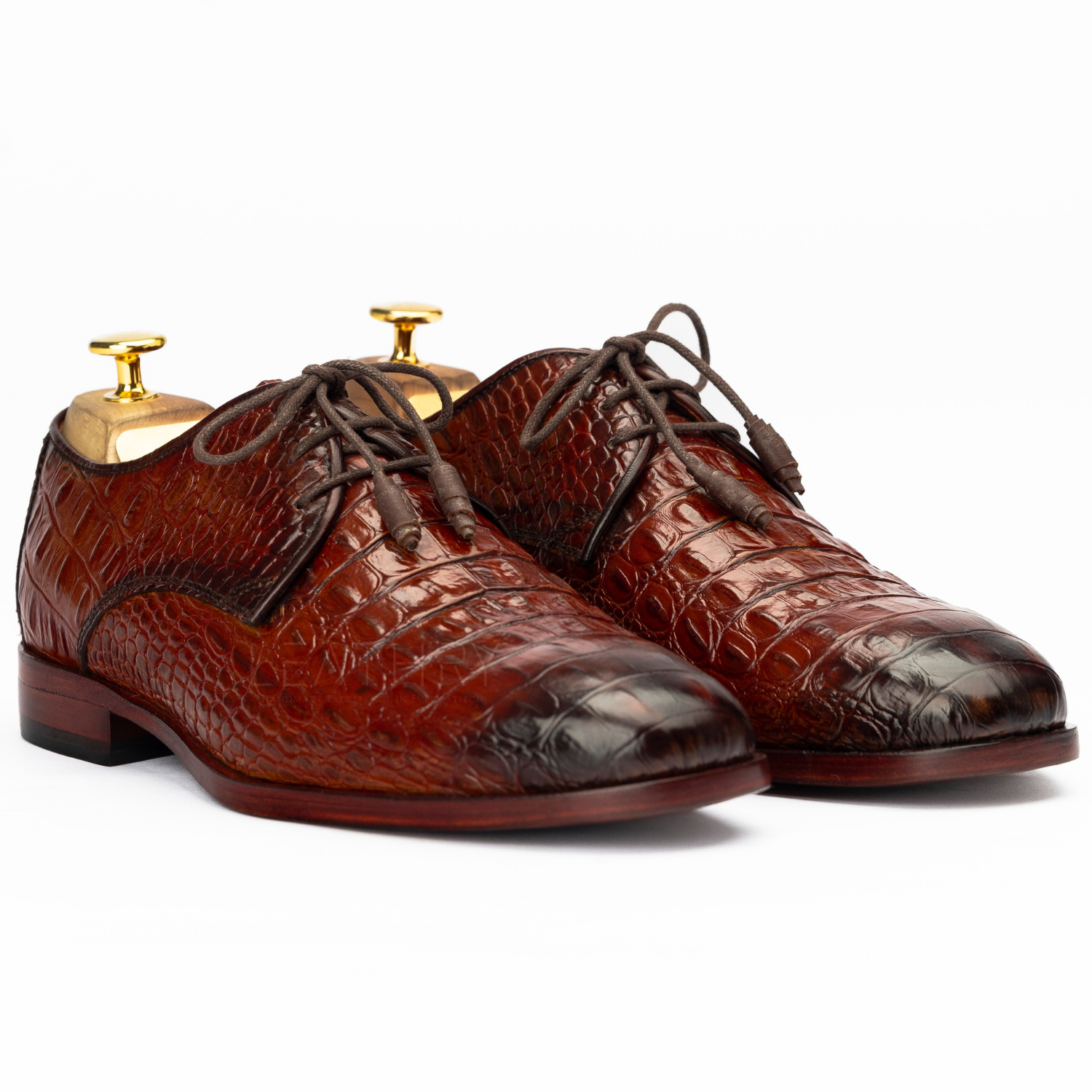 Brown crocodile-patterned dress shoes on a white background