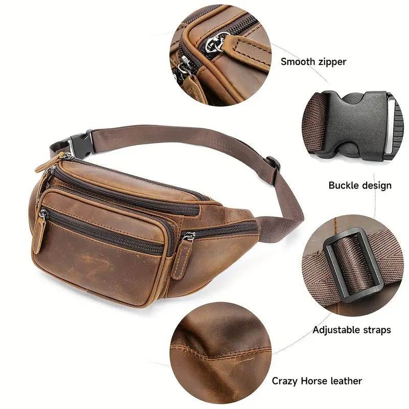 Brown leather waist bag with features highlighted on a white background
