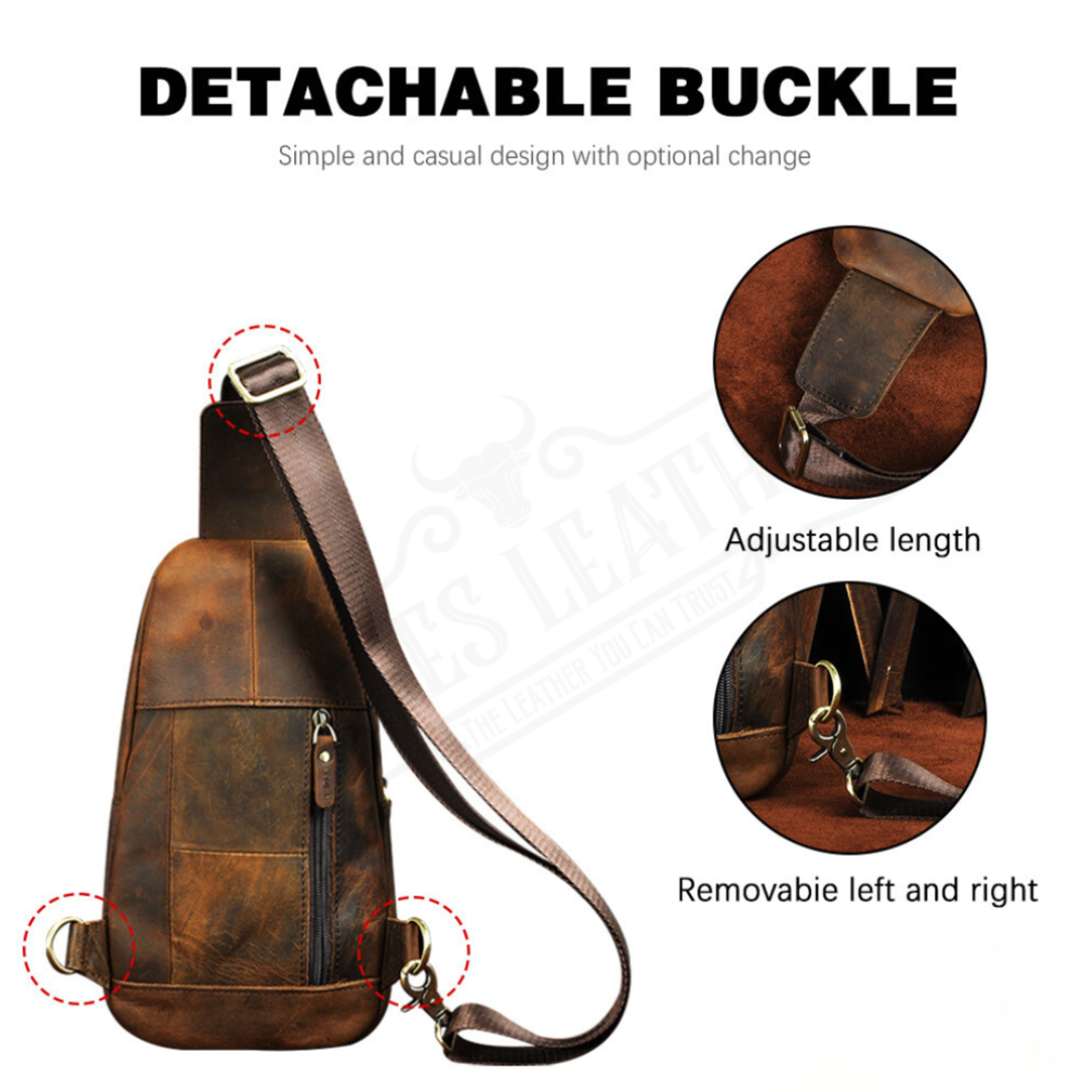 Brown leather sling bag with detachable buckle feature on a white background