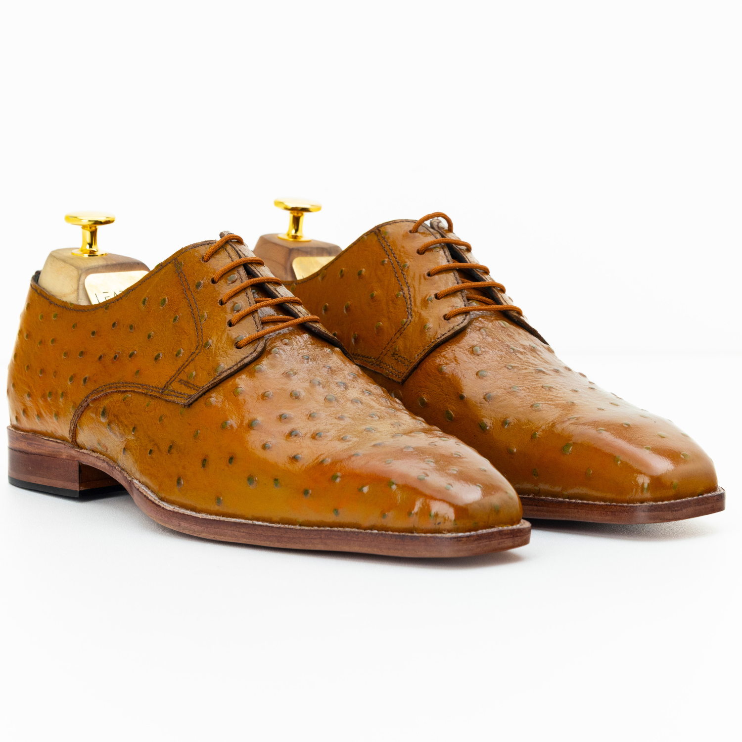 Pair of brown leather dress shoes with a white background