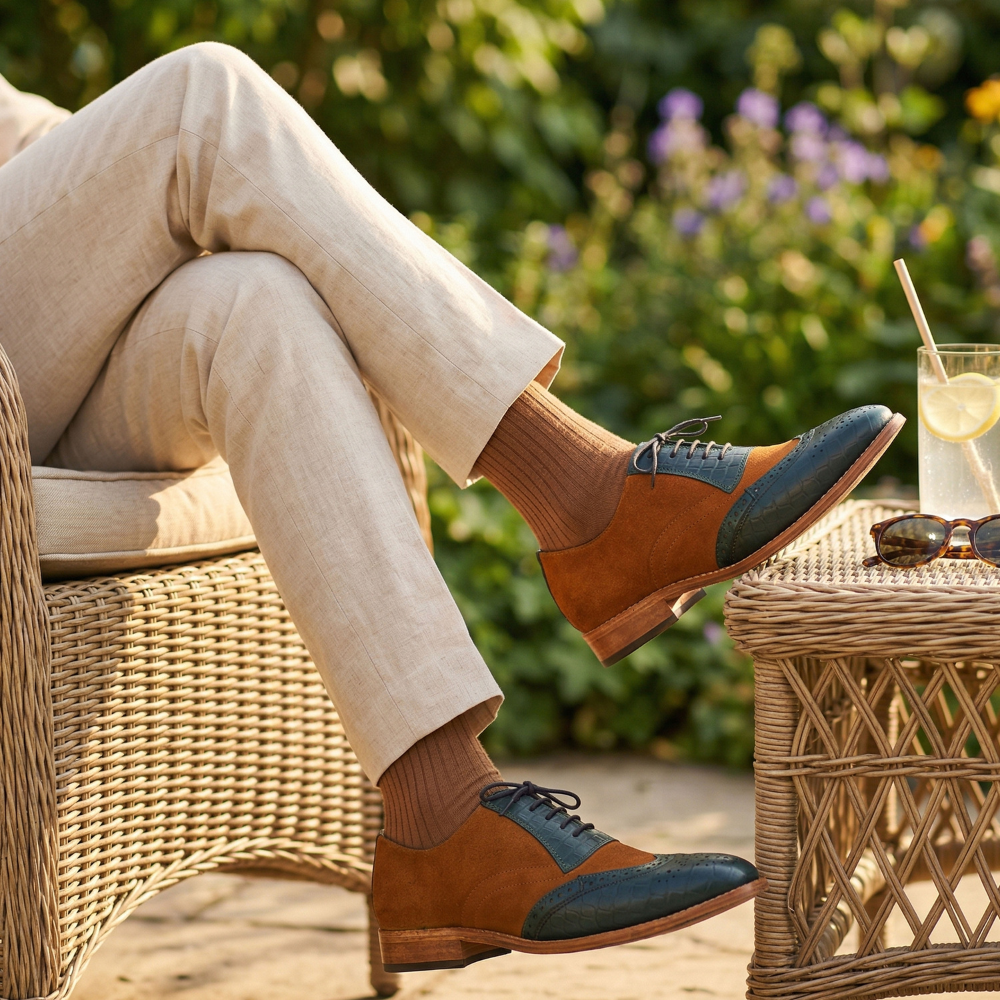 Person wearing brown and blue shoes sitting outdoors with a drink and sunglasses on a table.