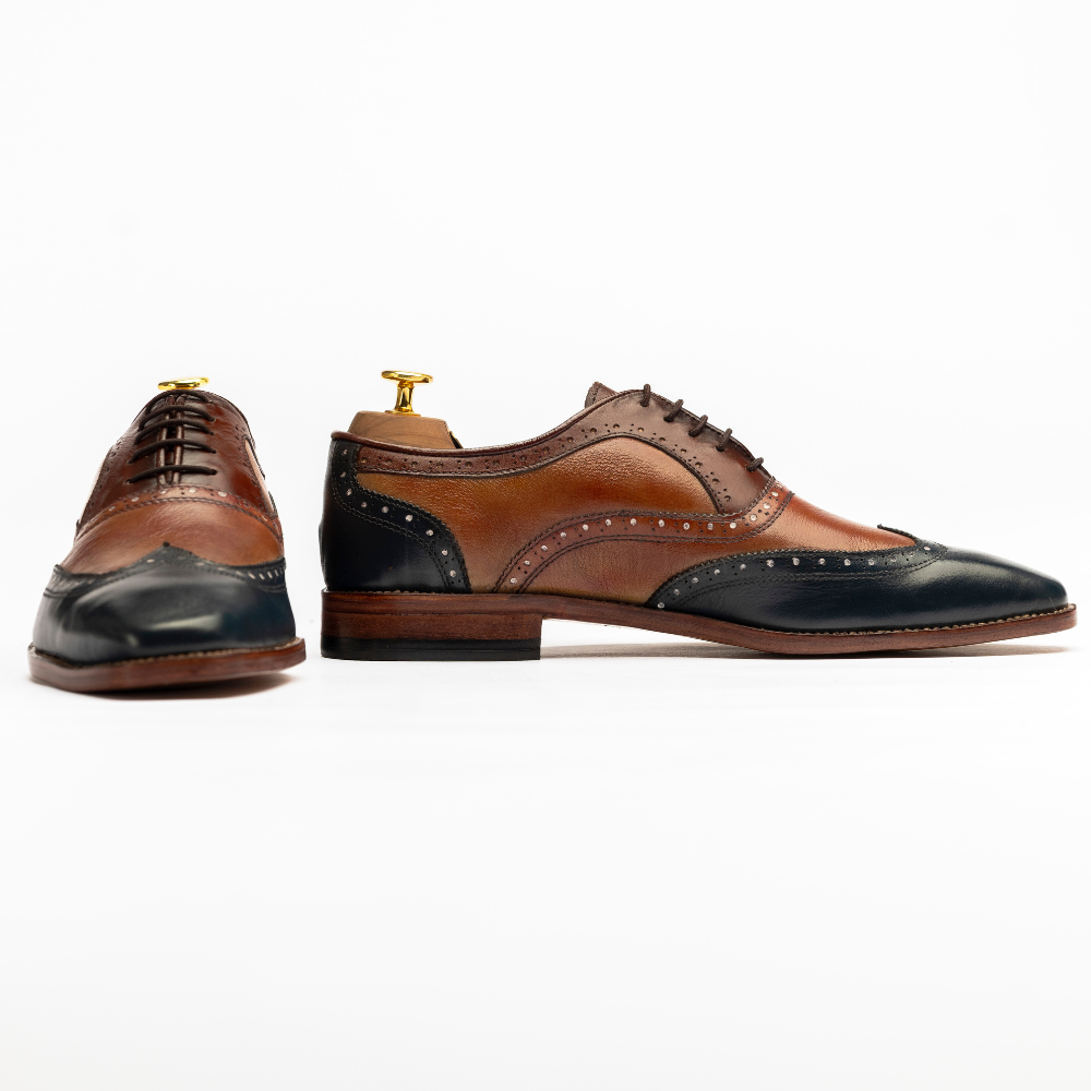 Brown and black dress shoes on a white background