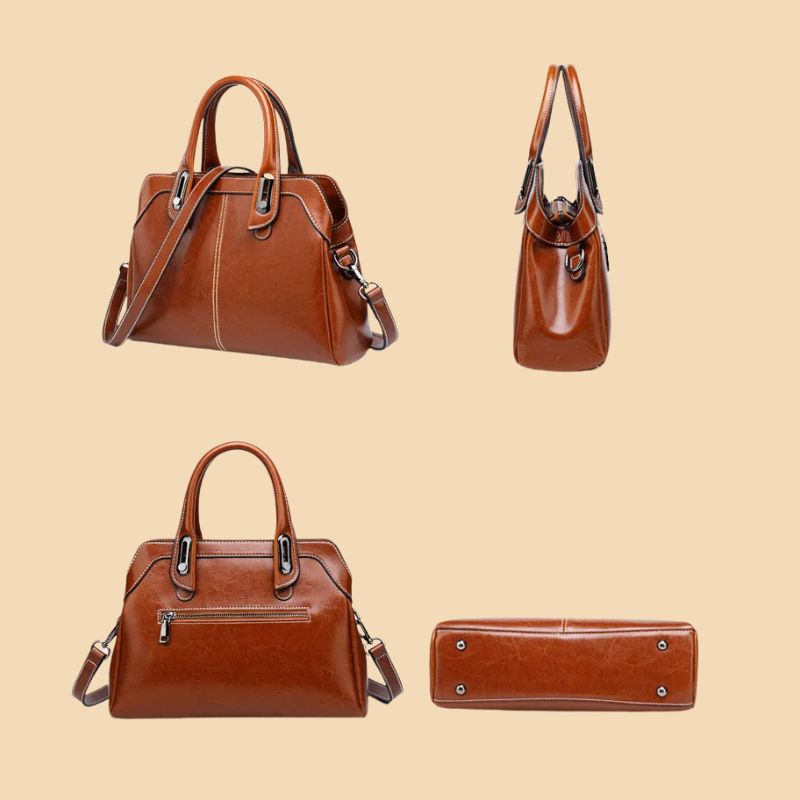Set of brown leather handbags and a wallet on a beige background