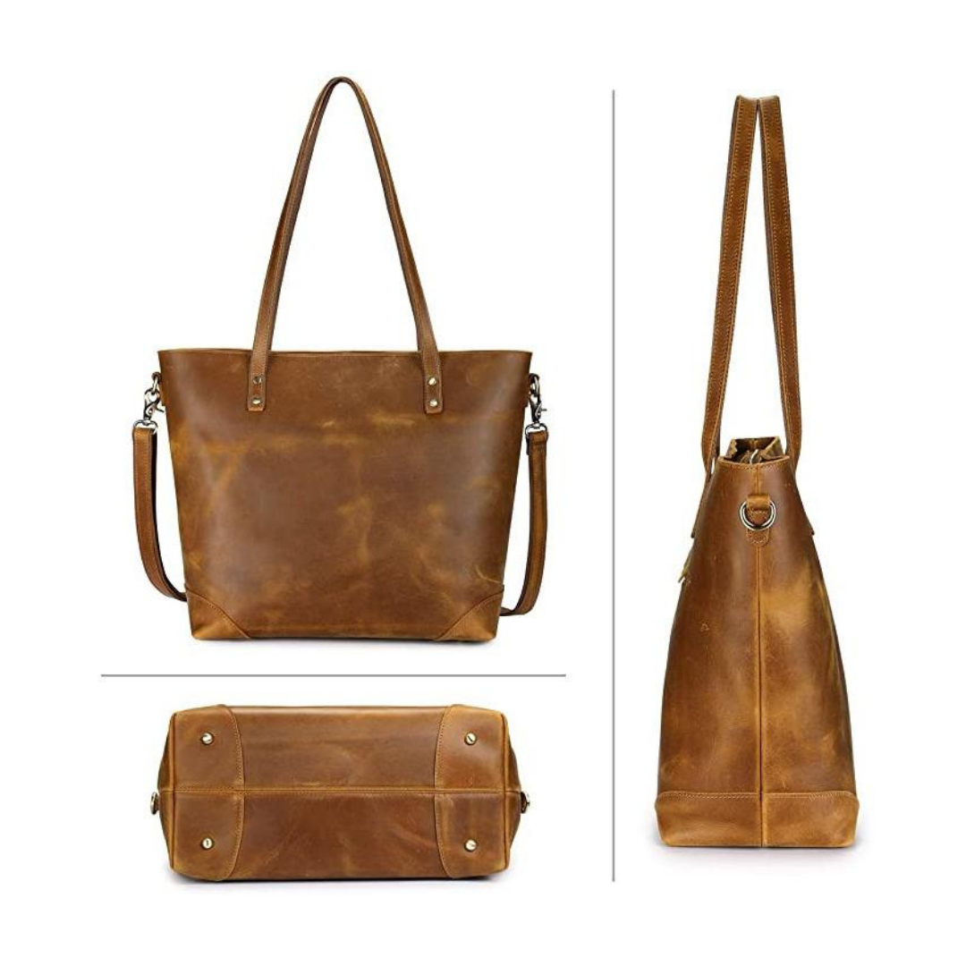 Brown leather handbag shown from multiple angles on a white background