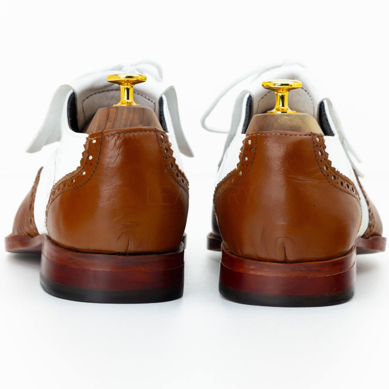 Brown leather shoes with gold buttons on a white background