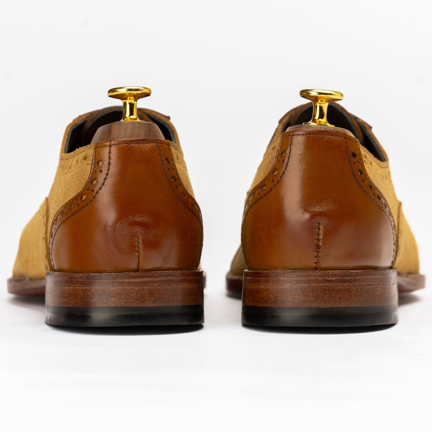 Brown leather shoes with gold tips on a white background