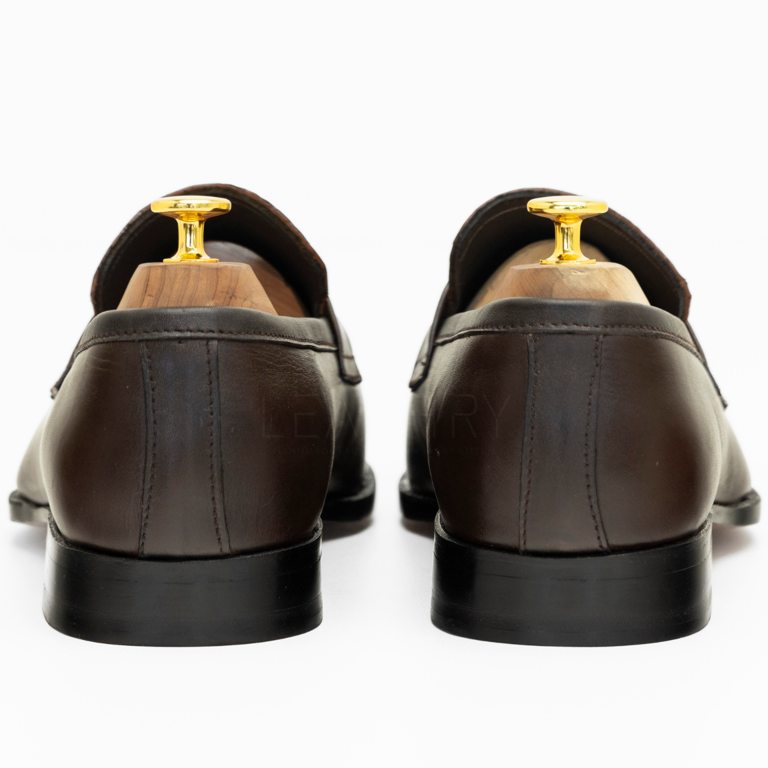Brown leather loafers with gold accents on a white background