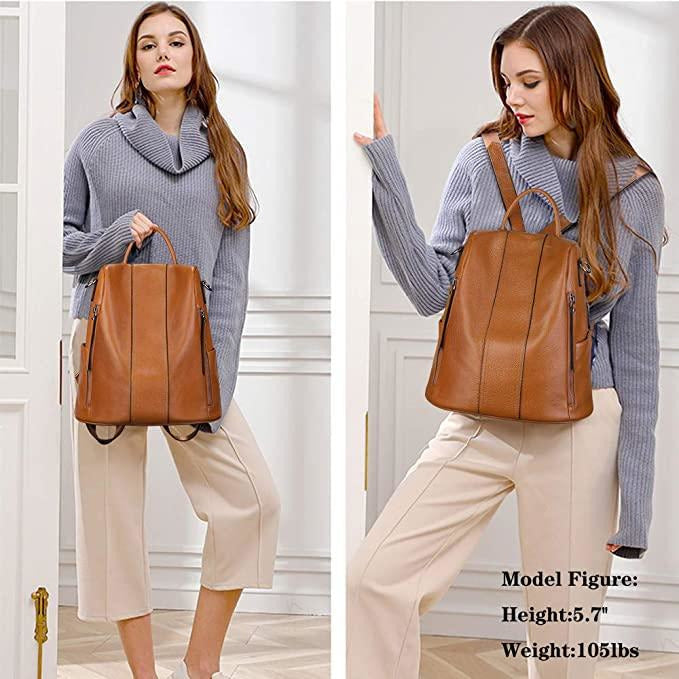 Woman holding a brown leather backpack in a neutral setting