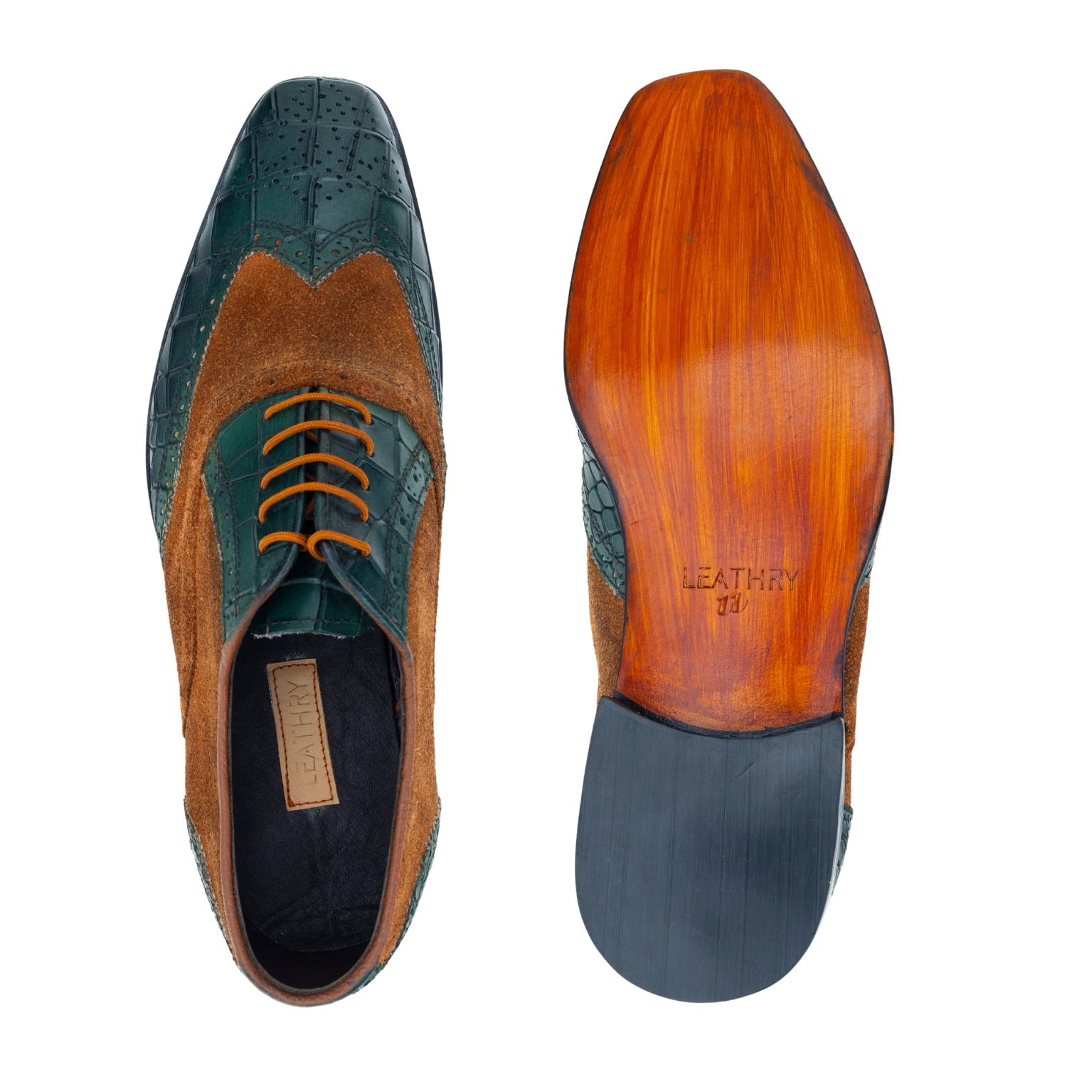 Pair of men's dress shoes with a focus on the sole and brand name.