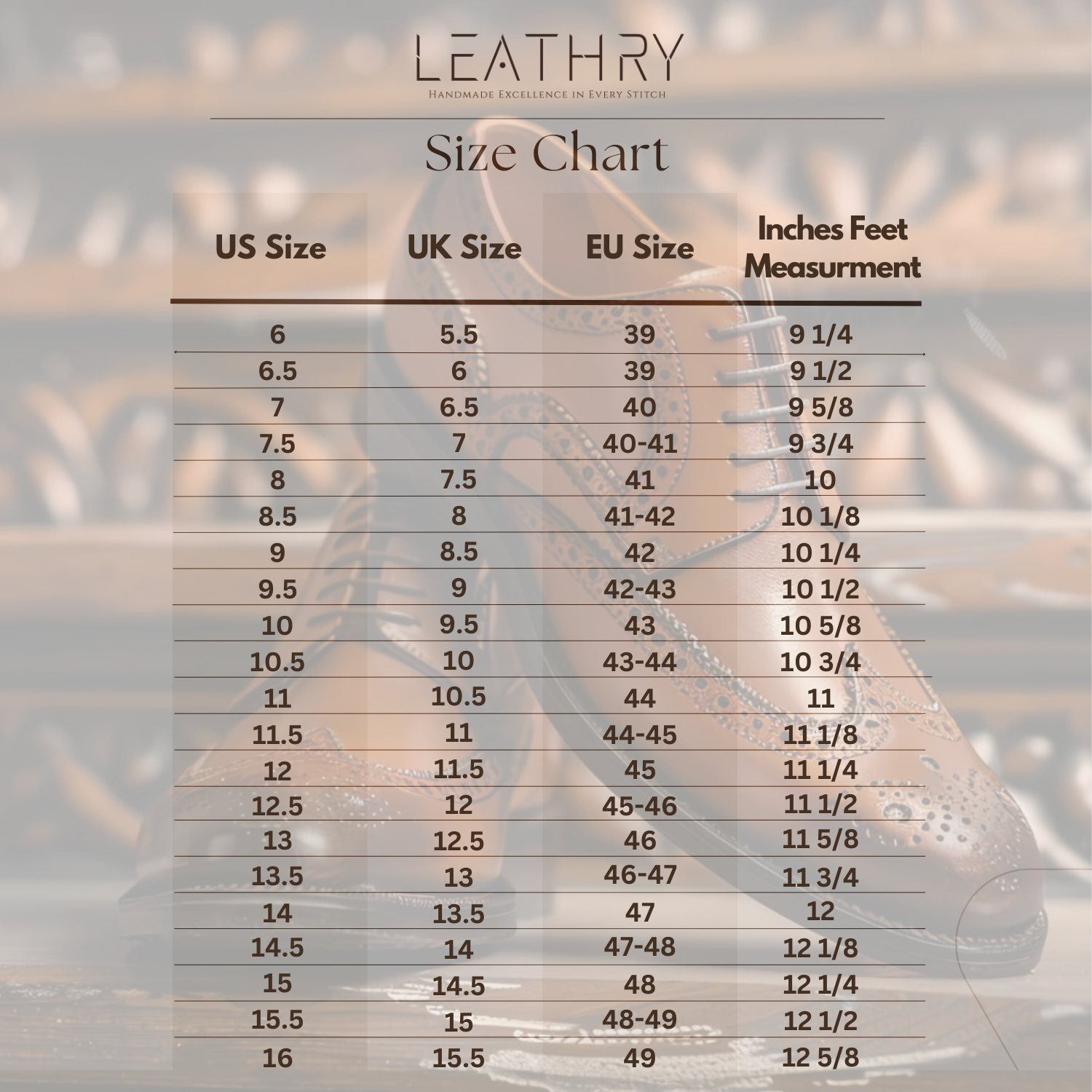 Leathry size chart for shoes with measurements in US, UK, EU, and inches.