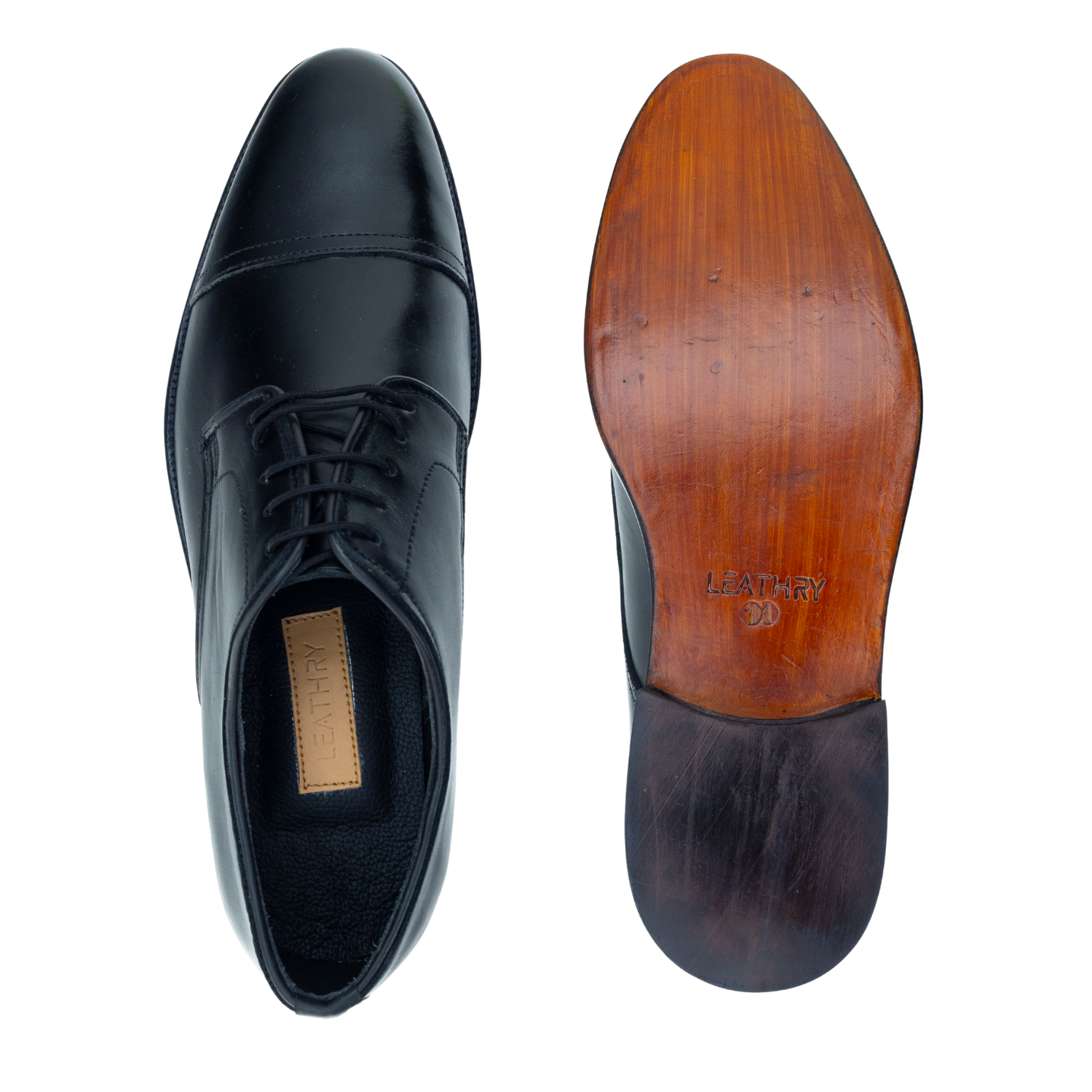 Black leather dress shoe with wooden sole on a white background
