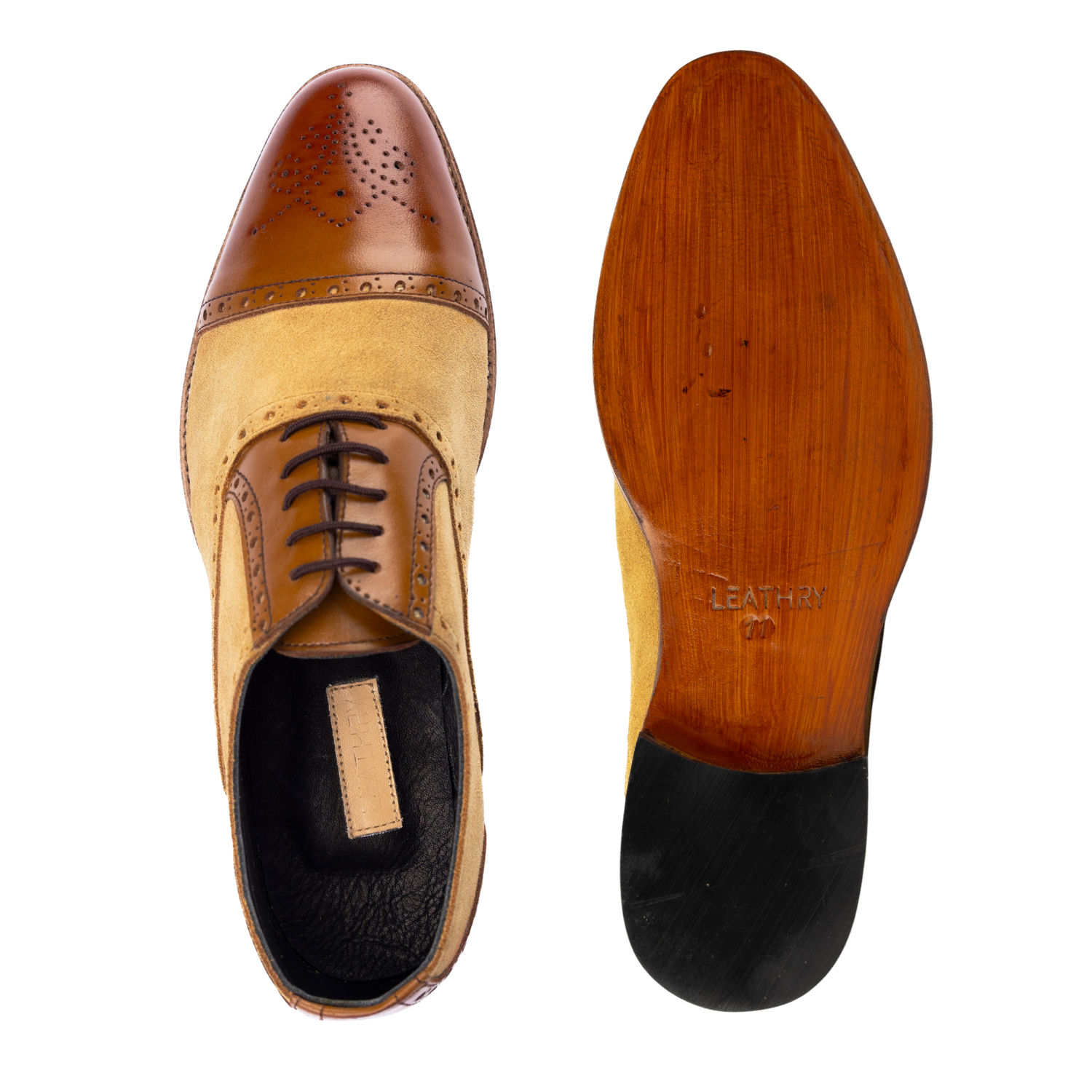 Brown and beige leather shoe with a wooden sole on a white background