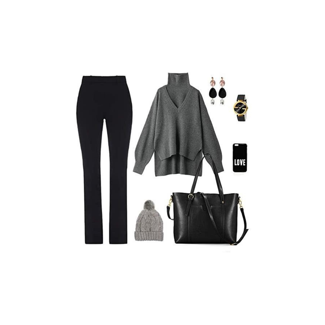 Collection of black pants, gray sweater, black handbag, gray beanie, and accessories on a white background