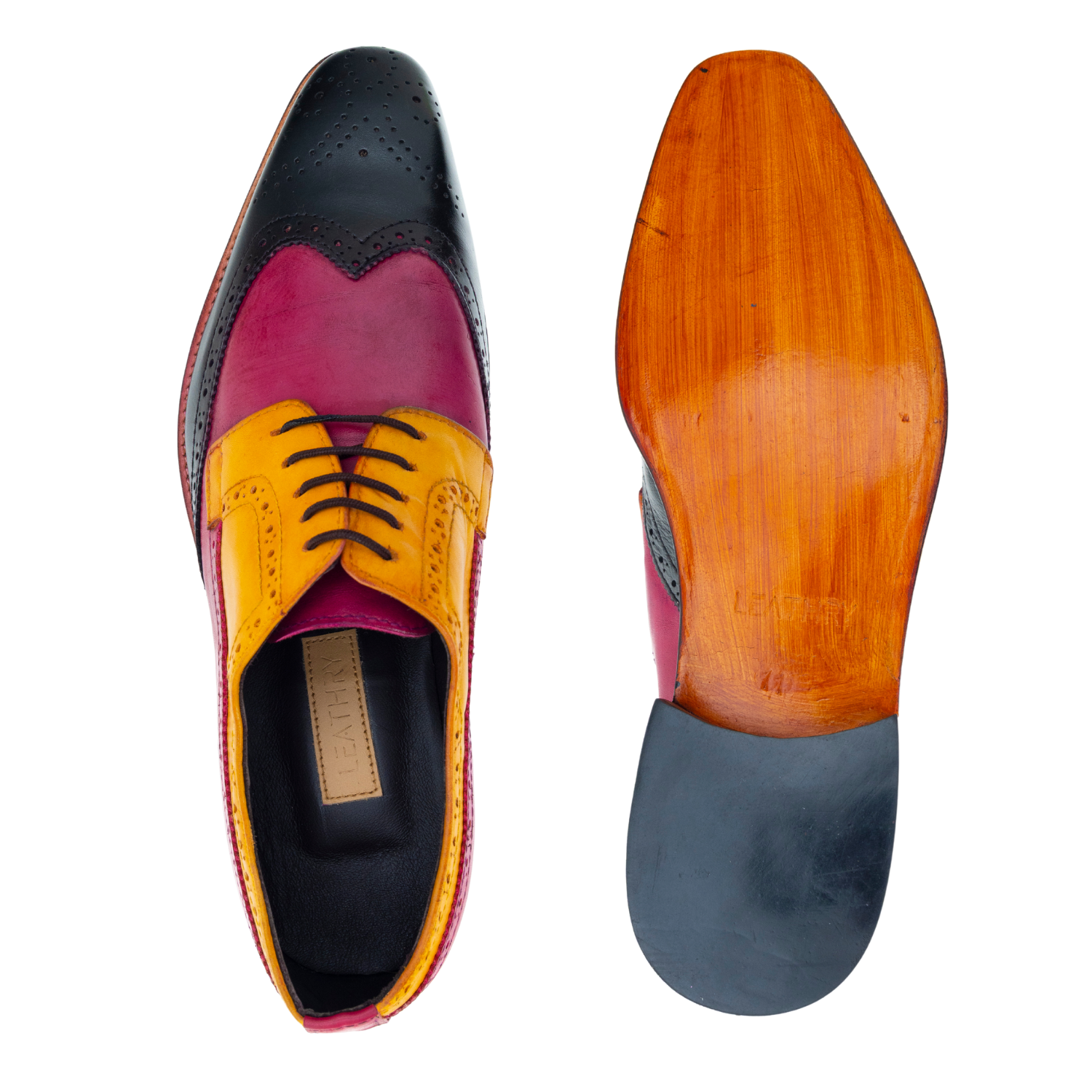 Colorful men's dress shoe with wooden sole on a white background