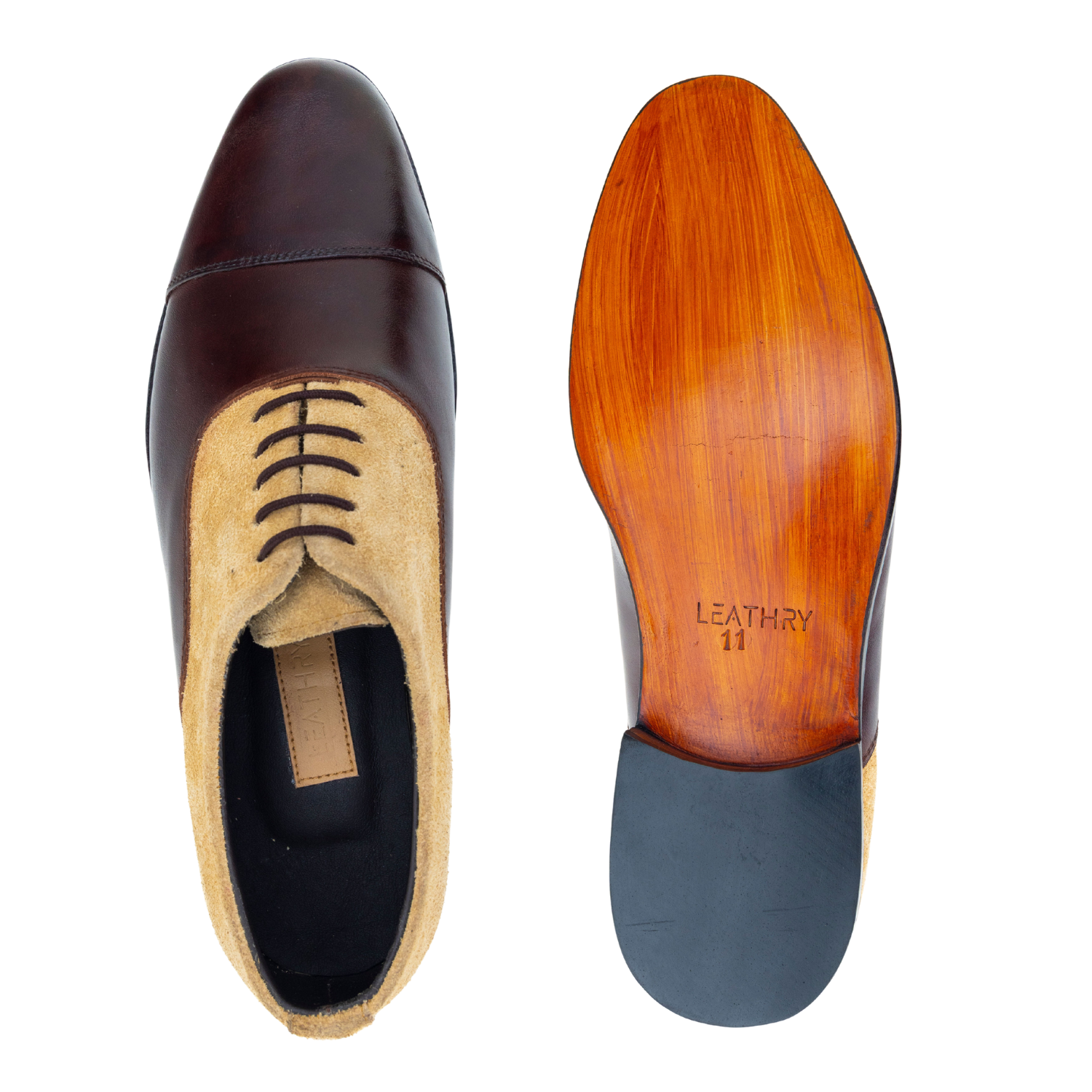 Brown leather shoe with wooden sole on a white background