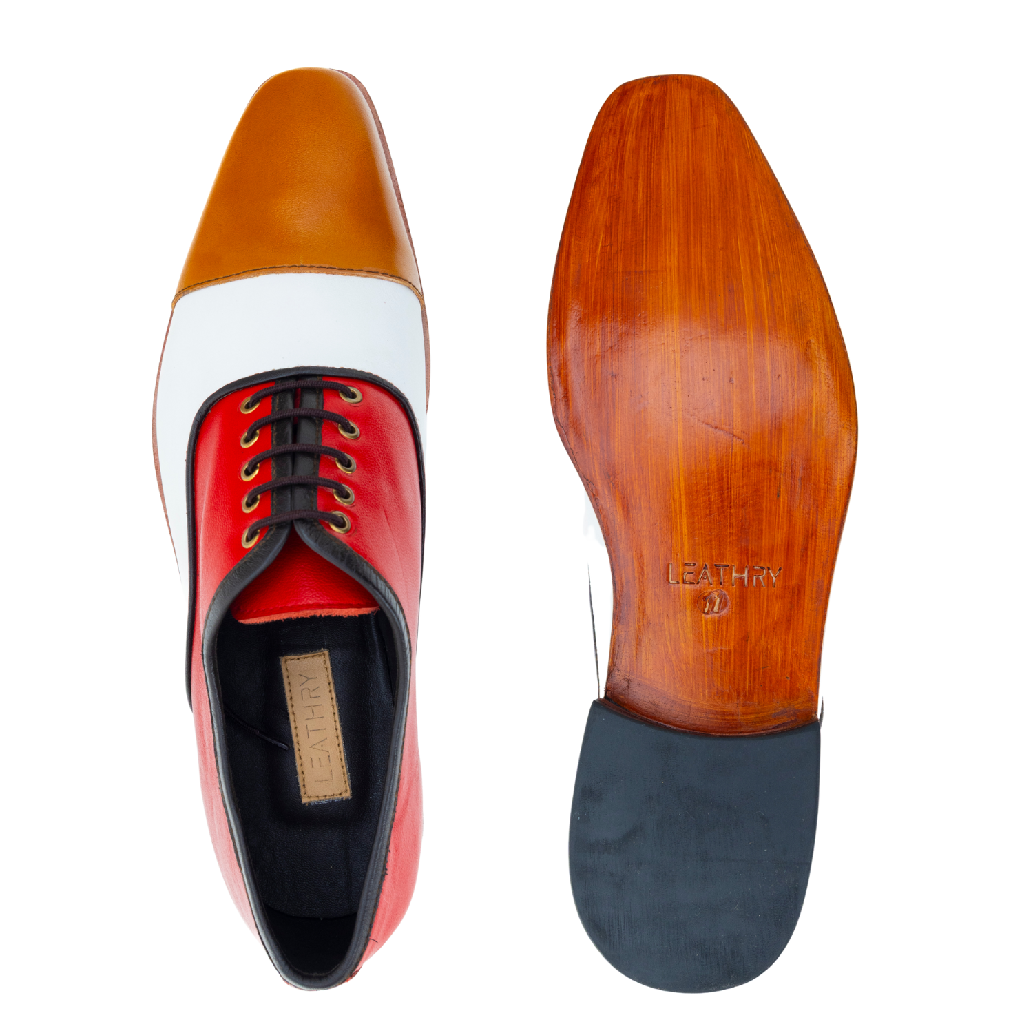 Red leather shoe with white and brown accents on a white background