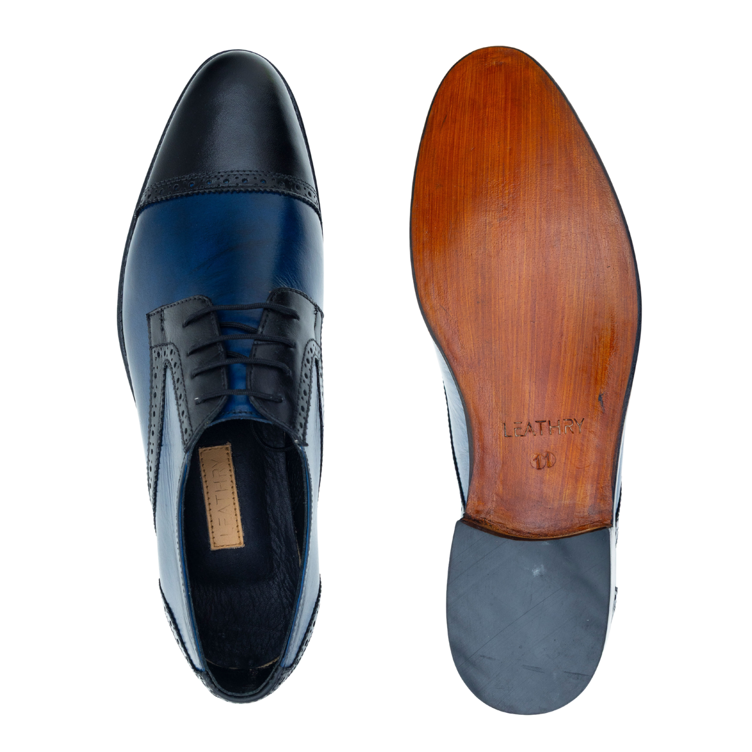 Black and blue leather shoe with wooden sole on a white background