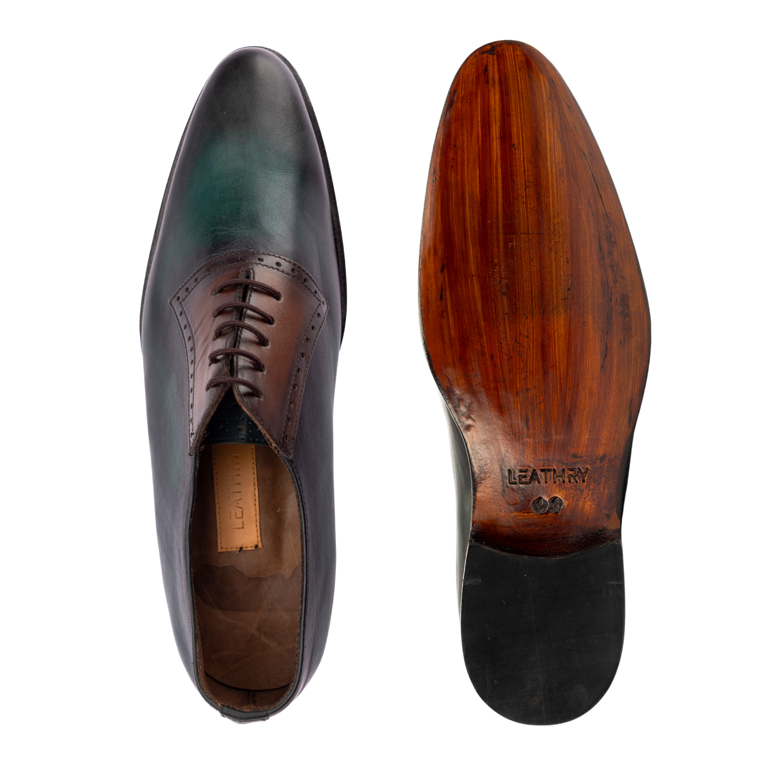 Brown leather dress shoes with wooden sole on a white background