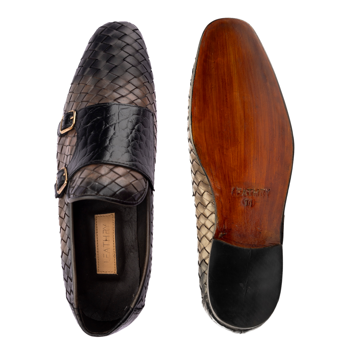 Black woven loafer with wooden sole on a white background