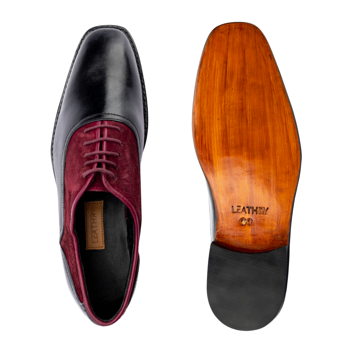 Black and red dress shoe with wooden sole on a white background
