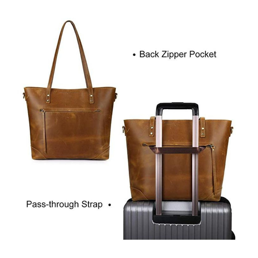 Brown leather tote bag with back zipper pocket and pass-through strap, shown with a suitcase.