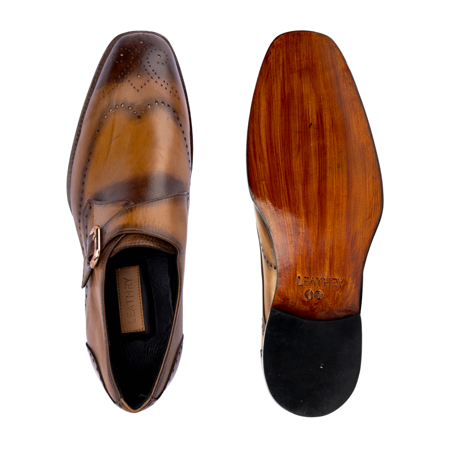 Brown leather dress shoes with a visible brand logo on a white background